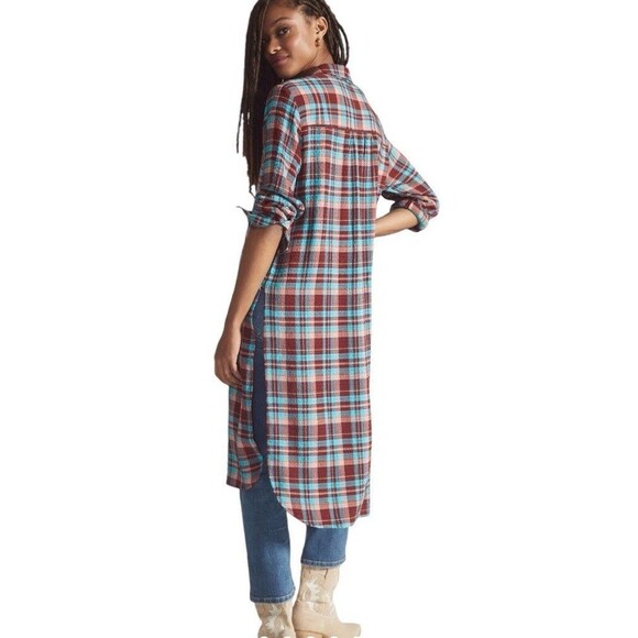 Anthropologie PILCRO Shirt SMALL Plaid Tunic Long Duster Button Down Maxi - Picture 3 of 13